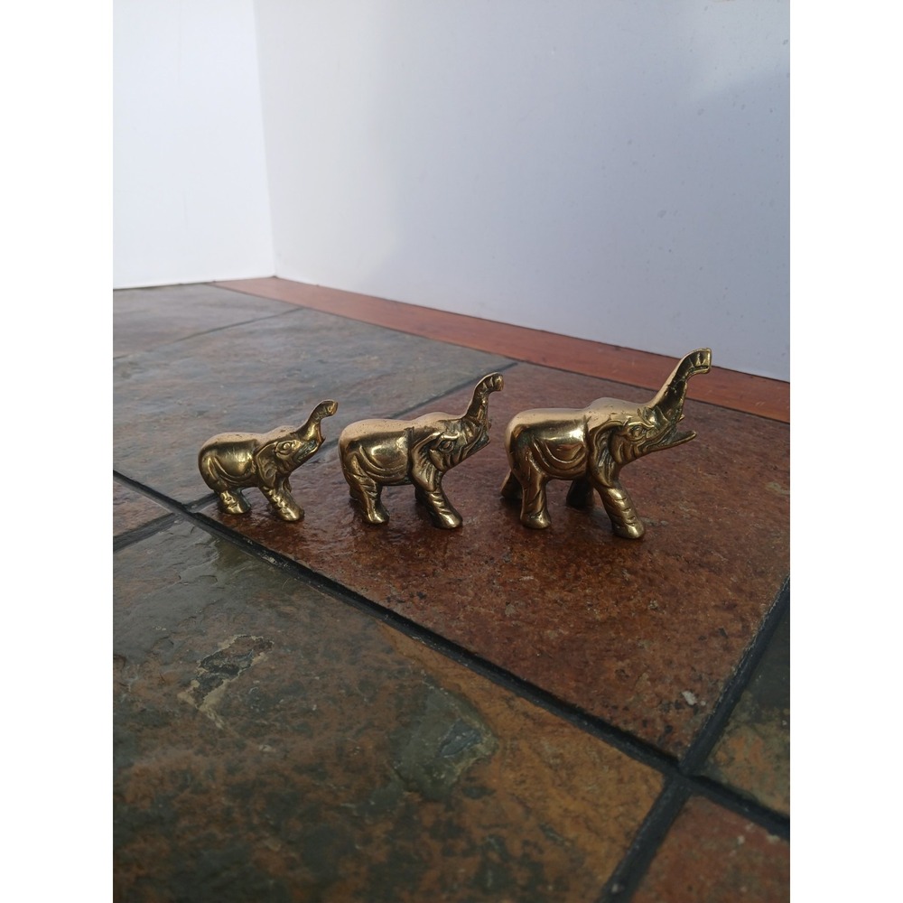 Vintage MCM Solid Brass Elephant Family Figurines Set of 3